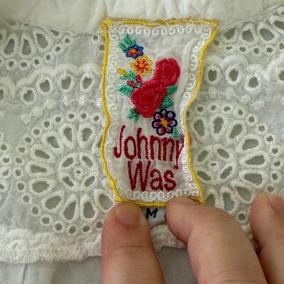 Johnny Was White Embroidered‎ Floral Eyelet Boho Sheer V Neck Blouse Top Size M - Picture 9 of 11